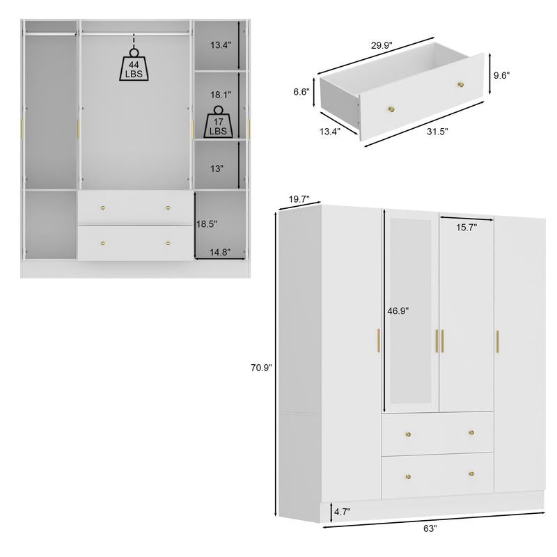FUFU&GAGA Wardrobe Armoire with Mirror, 5-Tier Shelves, 2 Drawers, 2 Hanging Rods and 4 Doors, Wooden Closet Storage Cabinet for Bedroom