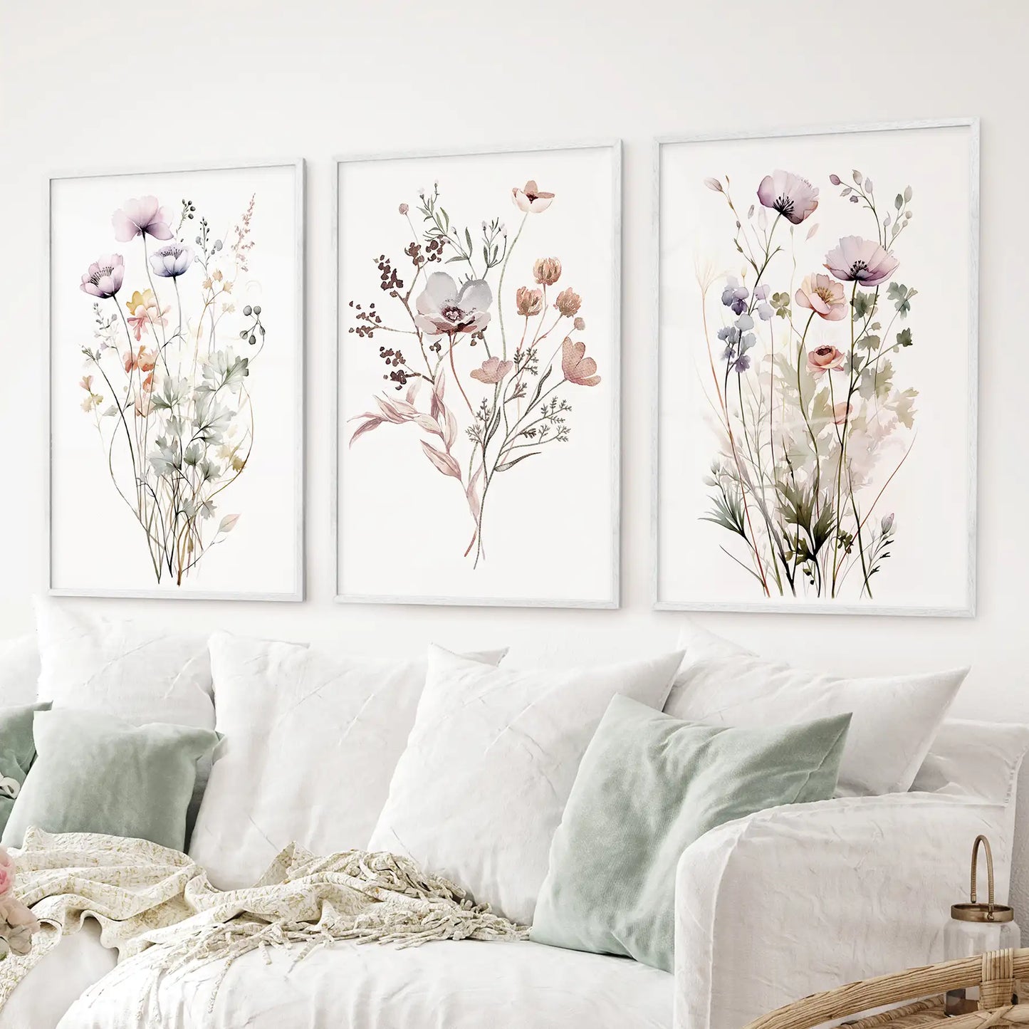Soft Wildflower Wall Art. Set of 3 Muted Floral Prints