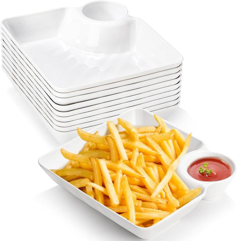 10 Count Chips and Dip Plates, Plastic Serving Platter Set Dumpling Plate with Dipping Saucer, White Divided Snack Serving Dishes for Appetizer, Sushi, Taco Salsa, Charcuterie,