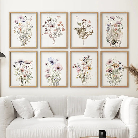 Watercolor Wildflower Gallery Wall. 8 Piece Botanical Print Set for Living Room
