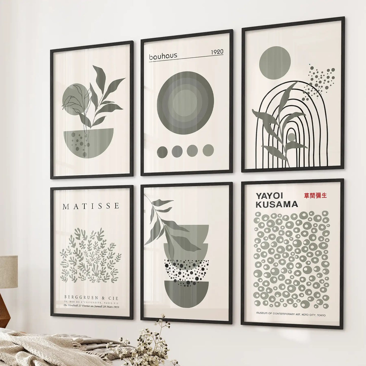 Sage Green Gallery Wall. Set of 6 Abstract Posters Inspired by Matisse, Kusama and Bauhaus