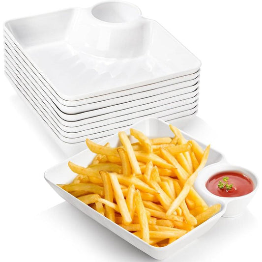 10 Count Chips and Dip Plates, Plastic Serving Platter Set Dumpling Plate with Dipping Saucer, White Divided Snack Serving Dishes for Appetizer, Sushi, Taco Salsa, Charcuterie,