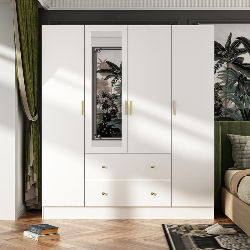 FUFU&GAGA Wardrobe Armoire with Mirror, 5-Tier Shelves, 2 Drawers, 2 Hanging Rods and 4 Doors, Wooden Closet Storage Cabinet for Bedroom