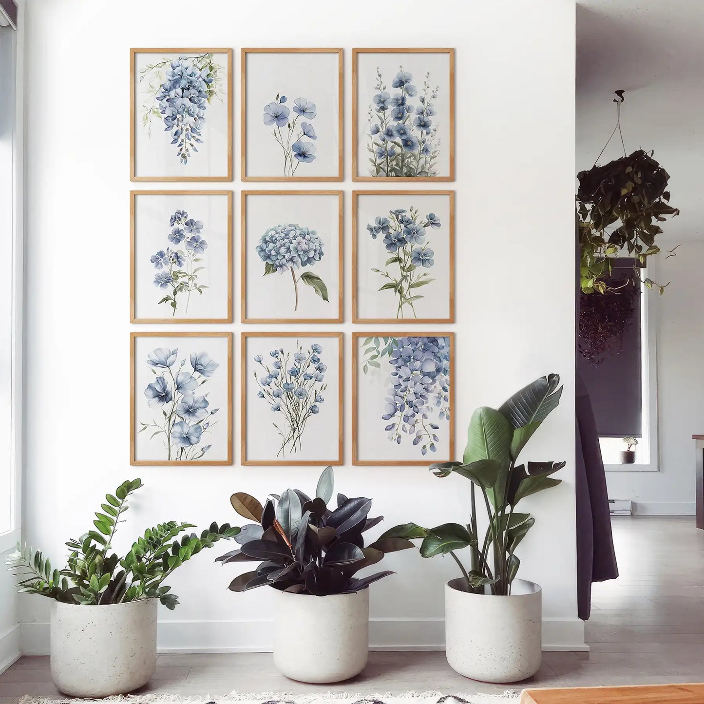9 Piece Wall Art Decor. Blue Hydrangea Floral Posters