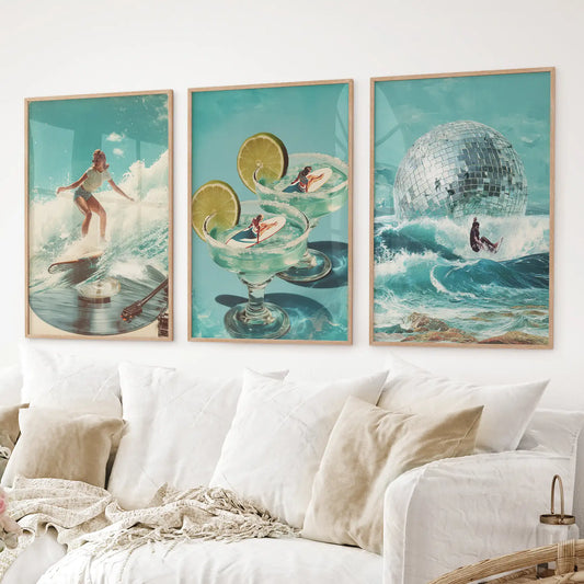 Retro Coastal Surfing Wall Art Set of 3. Surreal Blue Wave