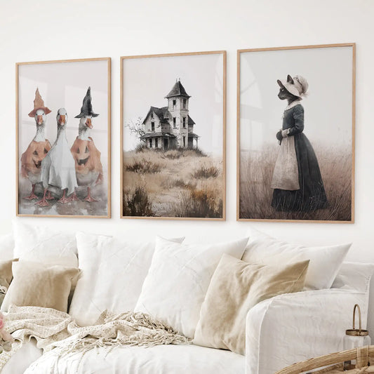 Spooky Cottagecore Wall Art Set. Ducks, Haunted House, Cat