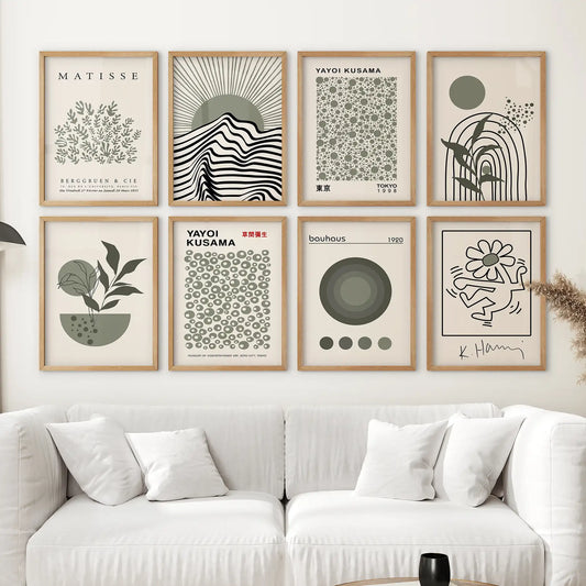 Sage Green Gallery Wall. 8 Piece Modern Poster Set for Apartment Decor