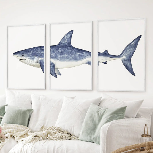 Shark Wall Art. Set of 3 Watercolor Ocean Animal Prints