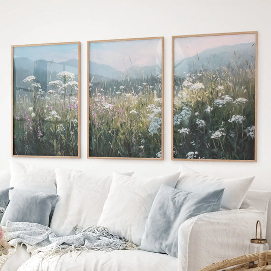Wildflower Field at Sunset – Nature Wall Art Set of 3