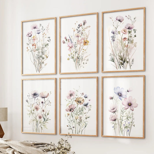 Botanical Watercolor 6 Piece Art Set. Meadow Flowers Prints for Bedroom