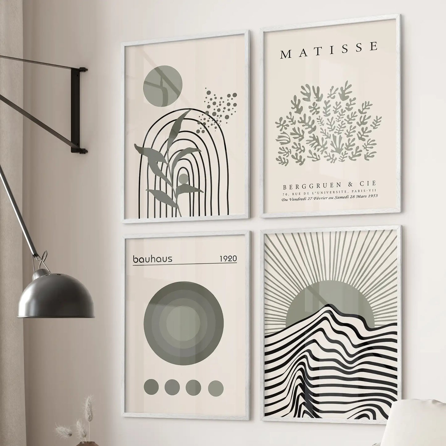 Modern Sage Green Wall Art. Set of 4 Bauhaus and Matisse-Inspired Prints