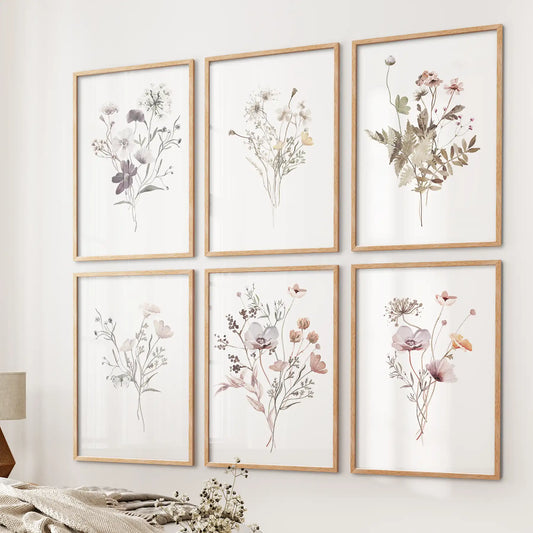 Floral Watercolor Prints. Set of 6 Botanical Wall Art for Bedroom or Living Room