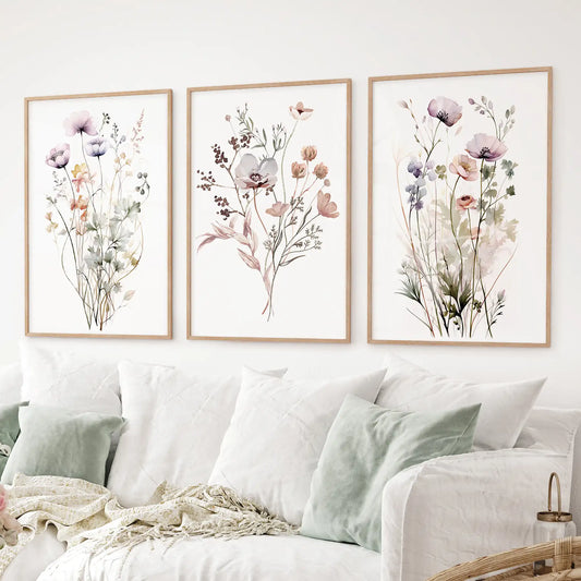 Soft Wildflower Wall Art. Set of 3 Muted Floral Prints