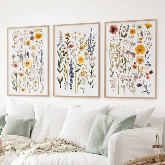 Boho Floral 3 Piece Wall Art. Pressed Flowers Print Set