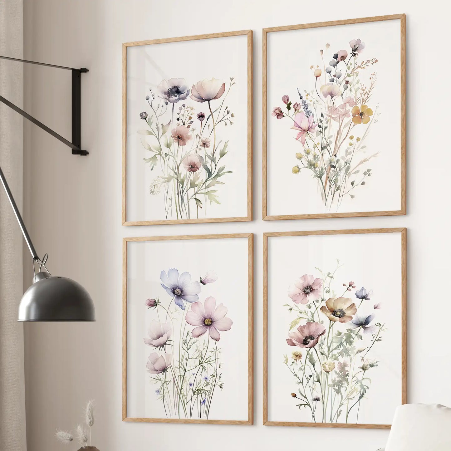 Neutral Floral Wall Art Set of 4. Watercolor Botanical Prints