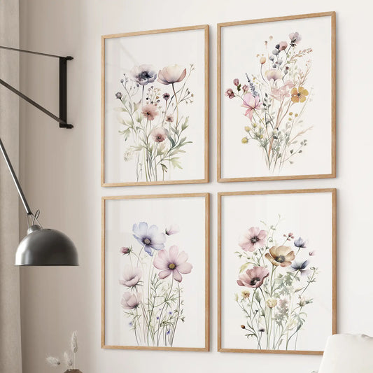 Neutral Floral Wall Art Set of 4. Watercolor Botanical Prints