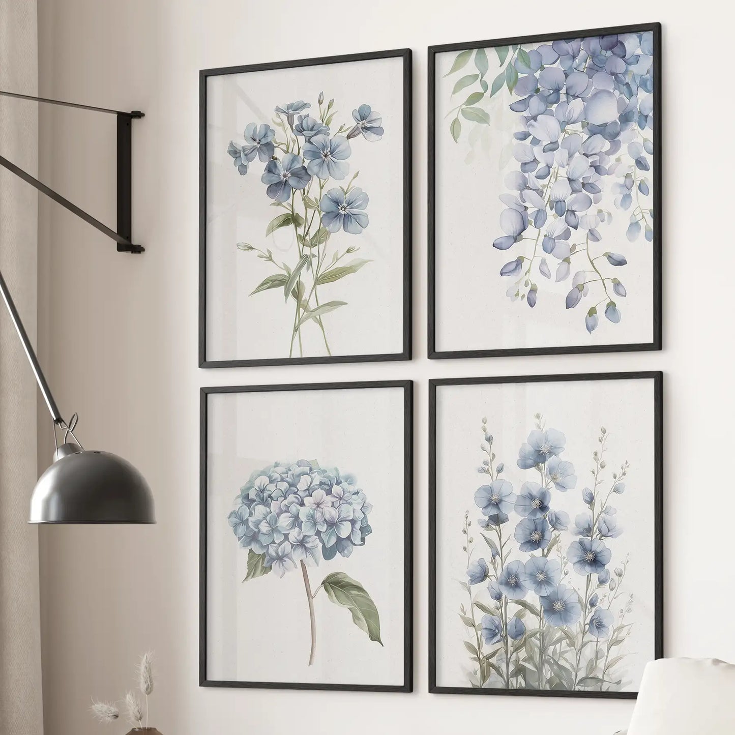 Soft Blue Hydrangea Prints. 4 Piece Watercolor Wall Art