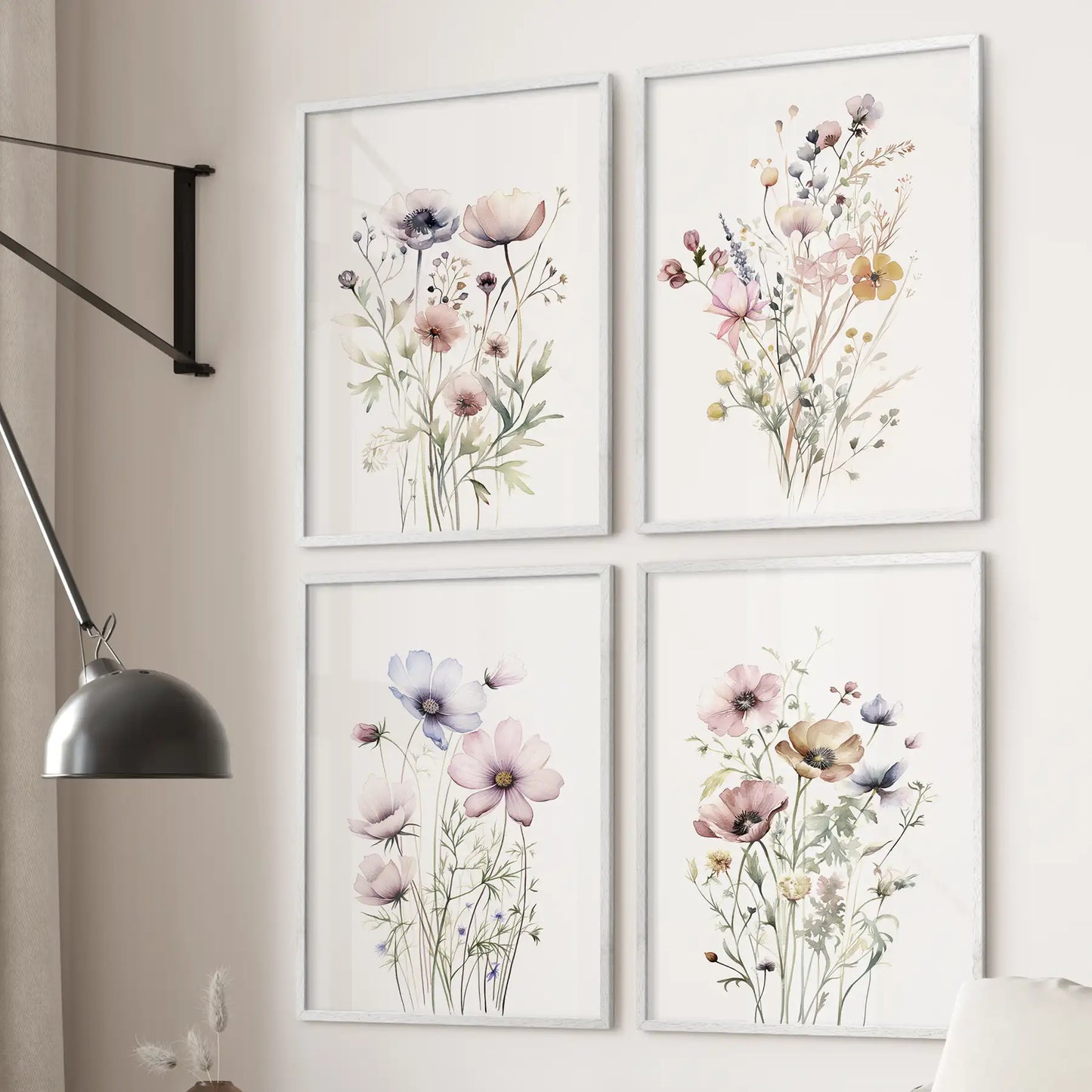 Neutral Floral Wall Art Set of 4. Watercolor Botanical Prints