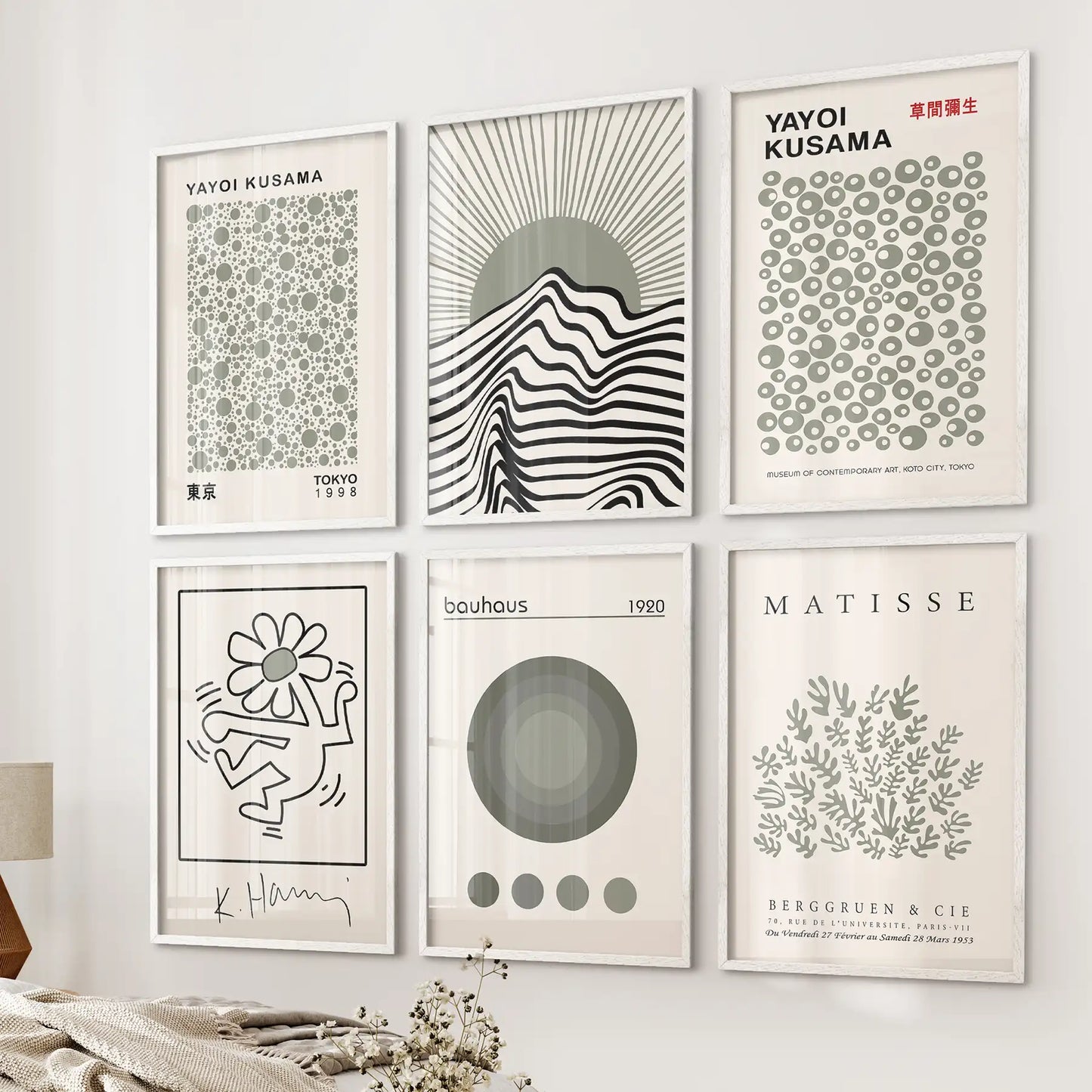 Gallery Wall Set of 6. Sage Green Bauhaus Prints Inspired by Kusama and Matisse