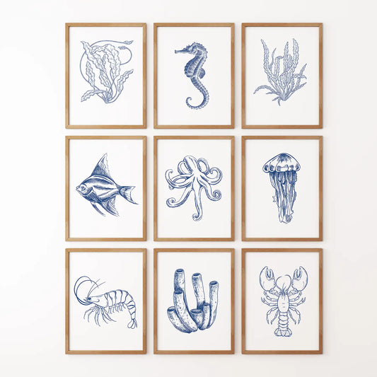 Coastal Nautical Set of 9. Navy Blue Sea Life Prints