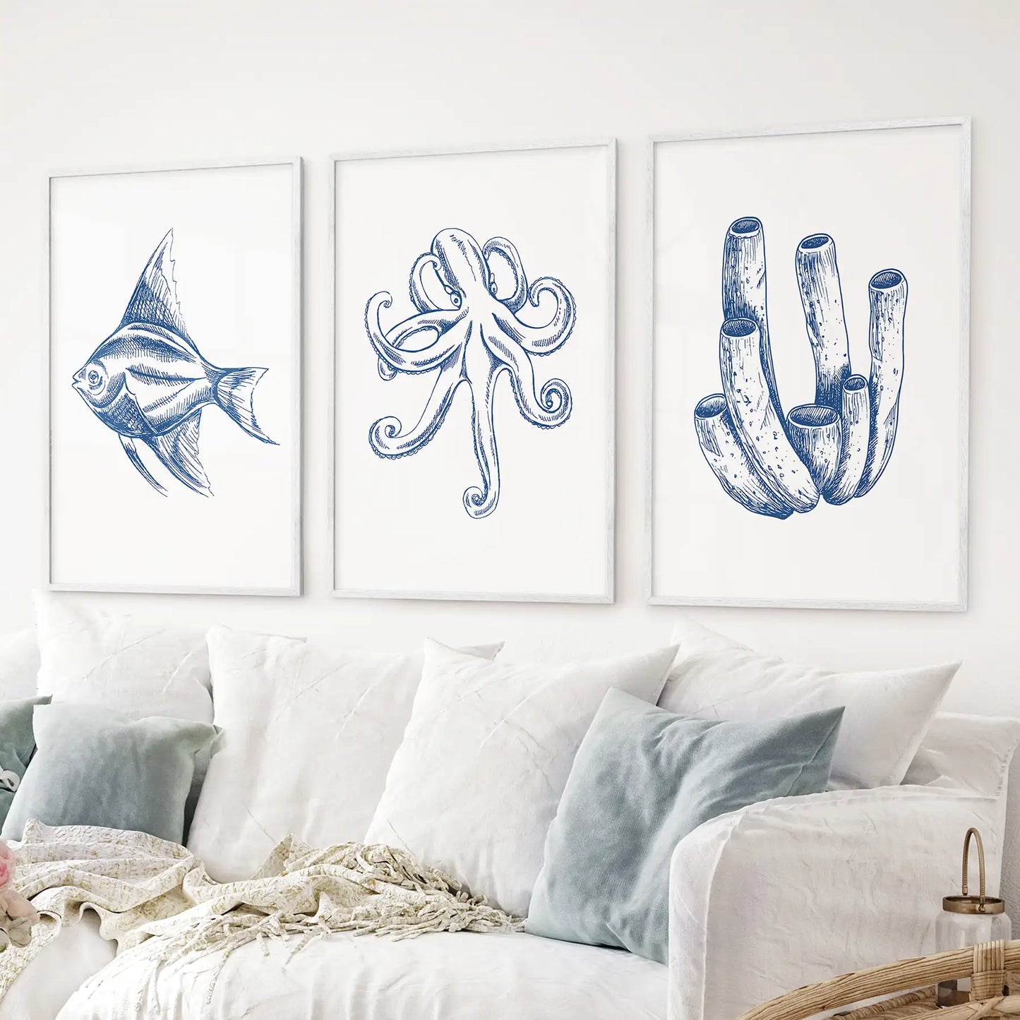 3 Piece Marine Themed Wall Art Set. Octopus, Fish, Coral