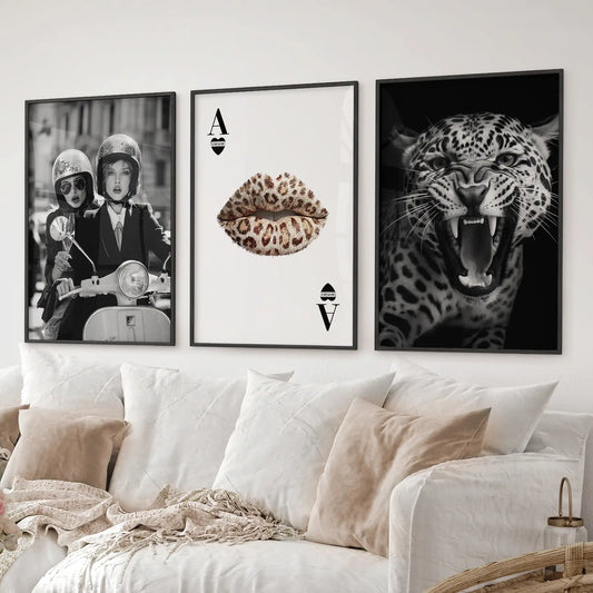 Black White Fashion Set of 3 Prints. Leopard, Lips, Scooter