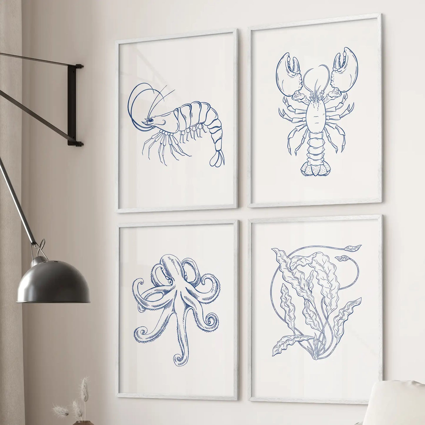 Sealife Line Art Set of 4 Prints. Lobster, Seaweed, Octopus