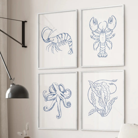 Sealife Line Art Set of 4 Prints. Lobster, Seaweed, Octopus