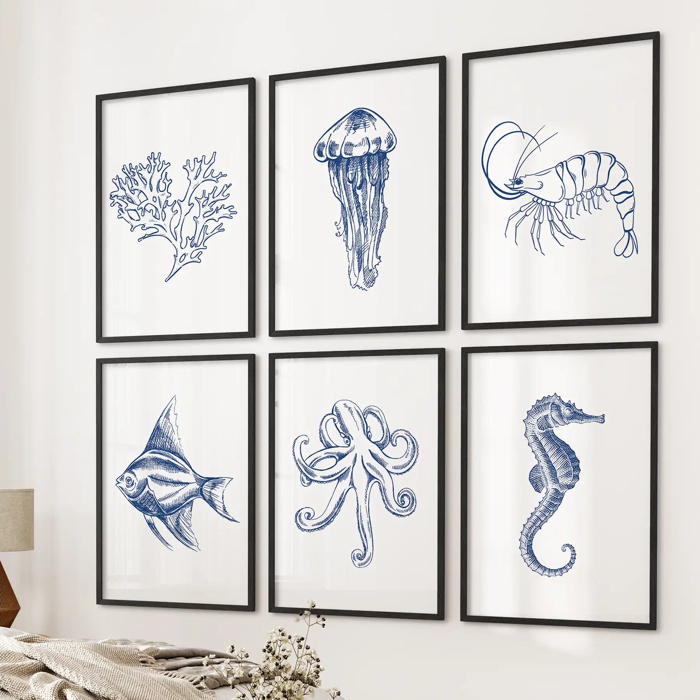 Jellyfish, Octopus, Fish Prints. Set of 6 Nautical Wall Art