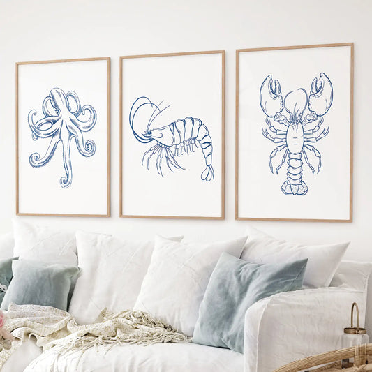 Octopus, Lobster, Crayfish Wall Art. Trendy Set of 3 Prints