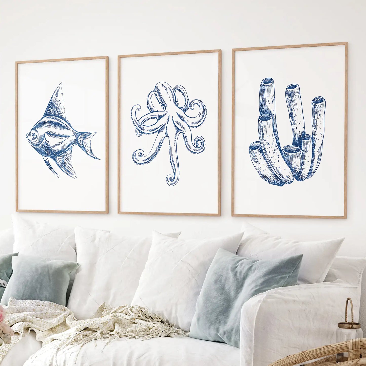 3 Piece Marine Themed Wall Art Set. Octopus, Fish, Coral
