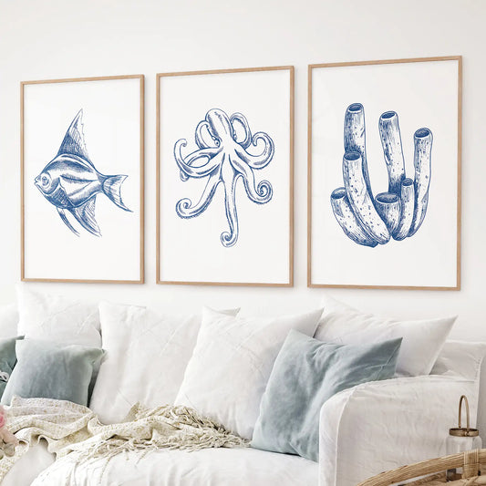 3 Piece Marine Themed Wall Art Set. Octopus, Fish, Coral