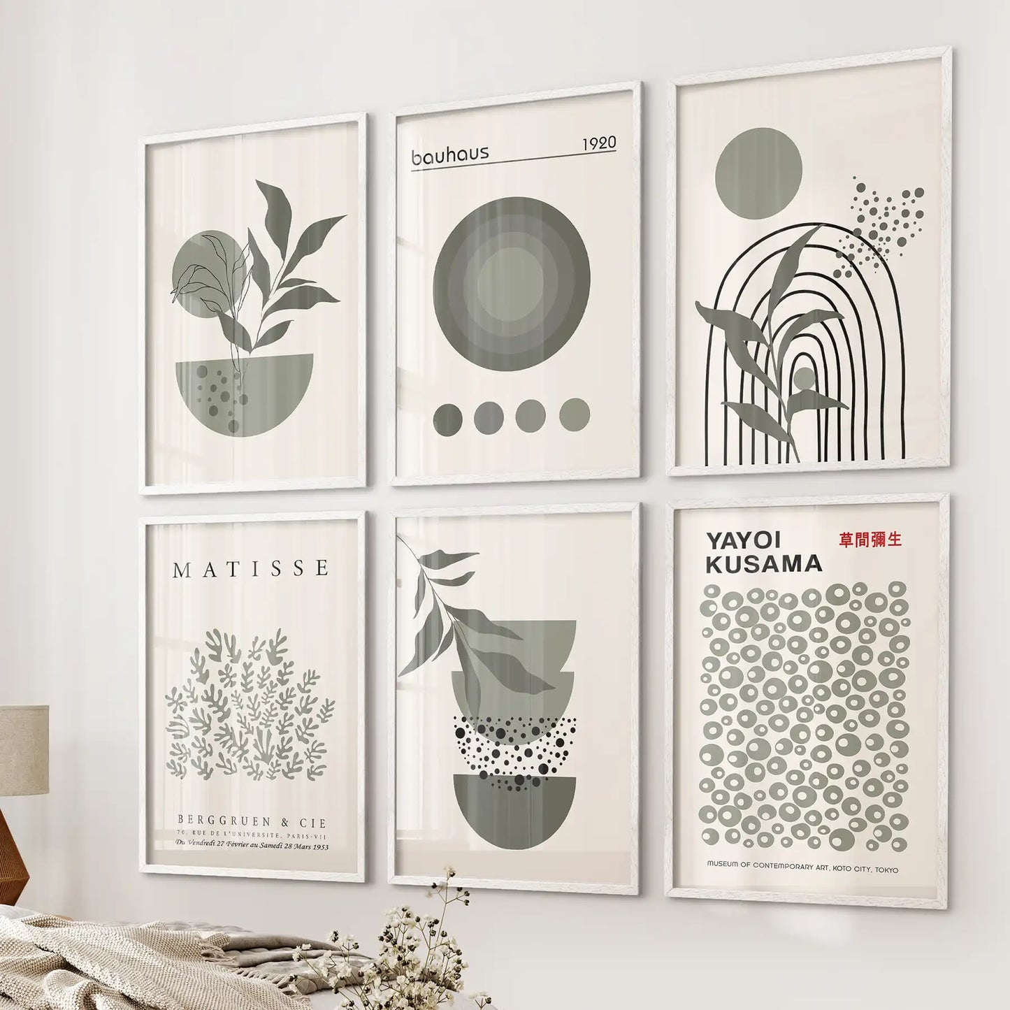 Sage Green Gallery Wall. Set of 6 Abstract Posters Inspired by Matisse, Kusama and Bauhaus