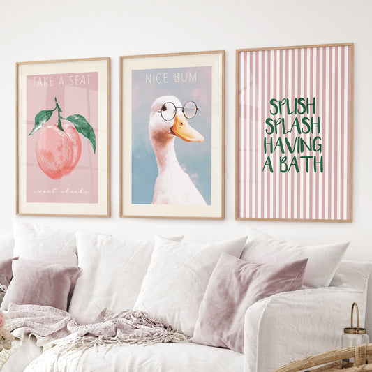 Humorous Bathroom Quotes Wall Art: Funny Duck, Peach Prints
