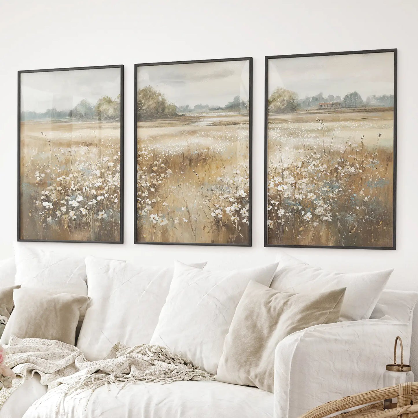 Neutral Floral Field Art Set of 3. Rustic Landscape