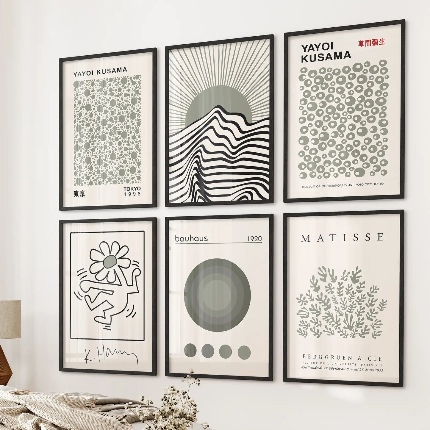 Gallery Wall Set of 6. Sage Green Bauhaus Prints Inspired by Kusama and Matisse