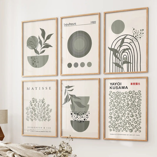 Sage Green Gallery Wall. Set of 6 Abstract Posters Inspired by Matisse, Kusama and Bauhaus
