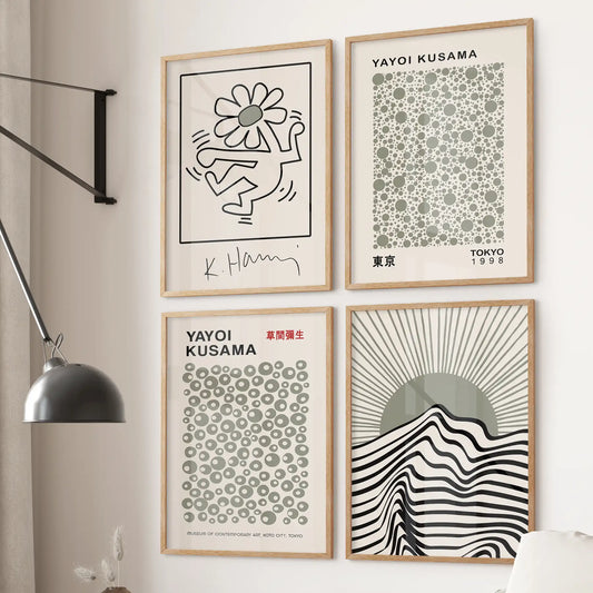 Boho Modern Abstract Set of 4 Prints. Kusama, Haring, Bauhaus