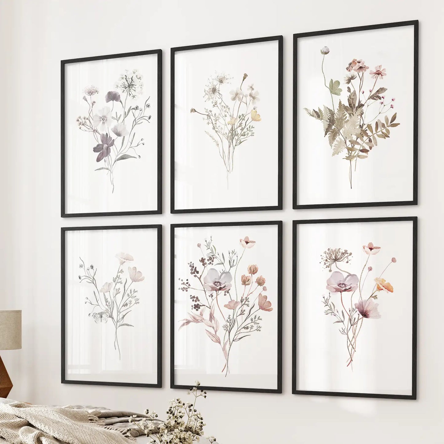 Floral Watercolor Prints. Set of 6 Botanical Wall Art for Bedroom or Living Room