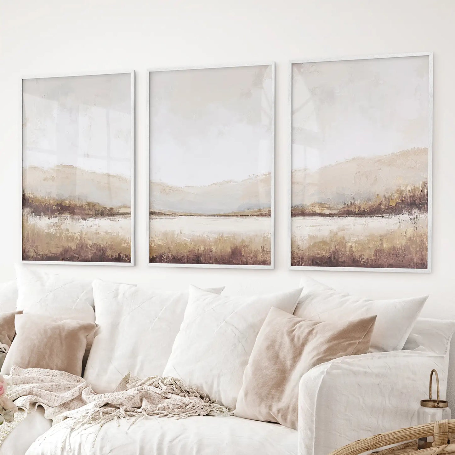 Neutral Beige Brown Landscape Tryptich. Set of 3 Art Prints