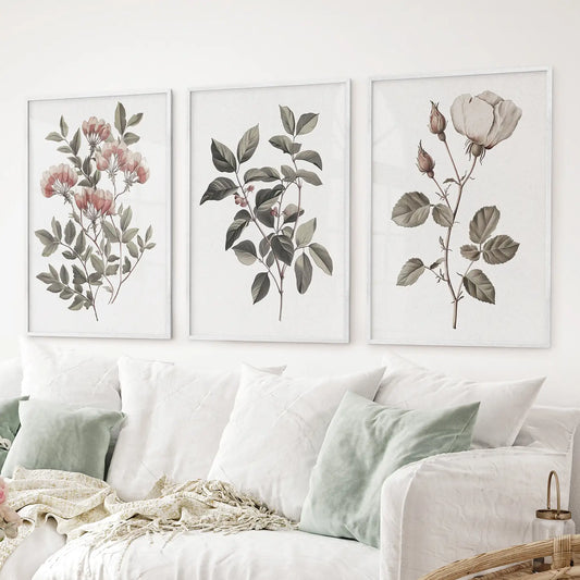 Set of 3 Floral Posters. Rose Flower Vintage Wall Art