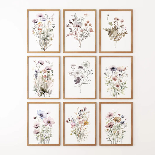 Soft Botanical Watercolor Set of 9 Prints. Wildflower Wall Art