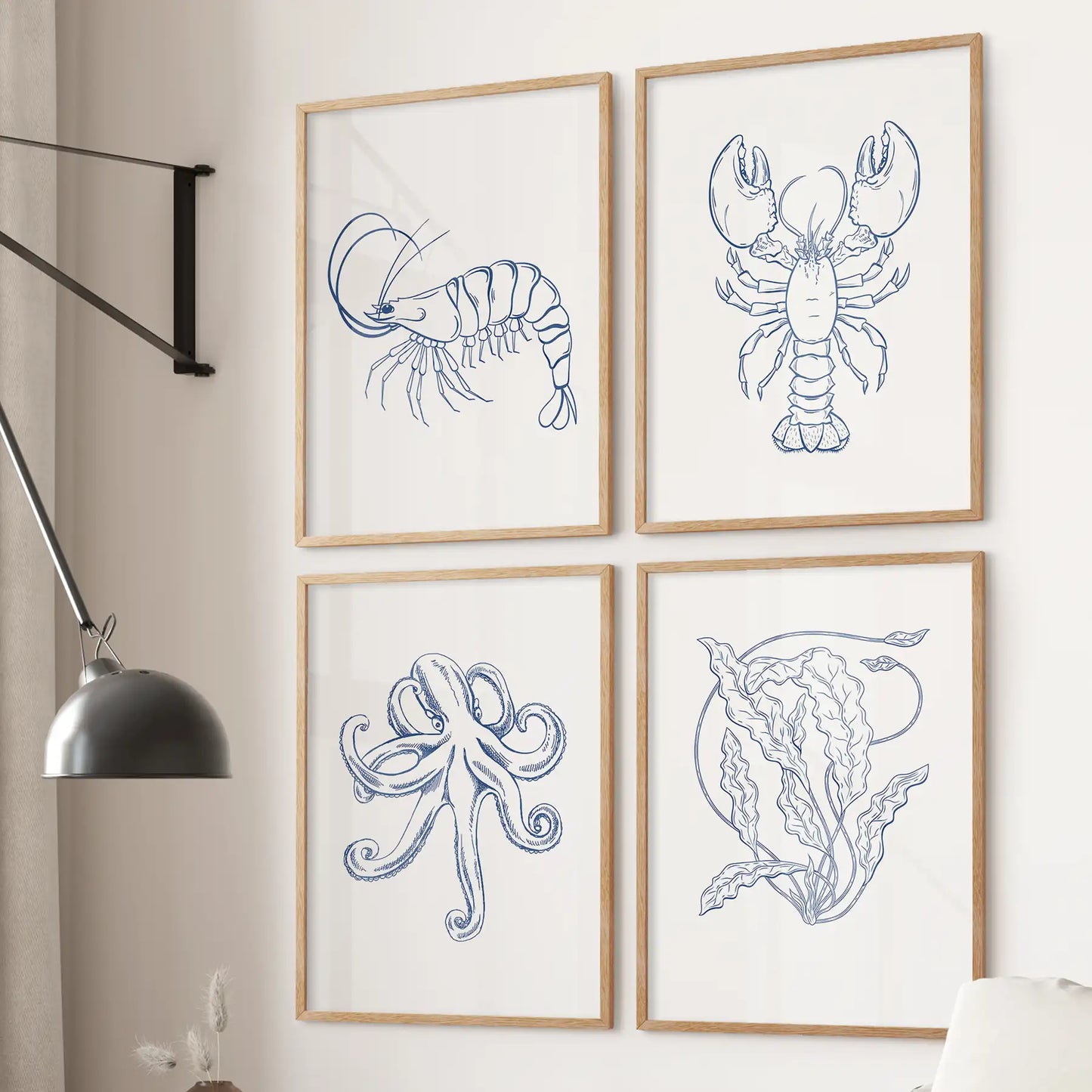 Sealife Line Art Set of 4 Prints. Lobster, Seaweed, Octopus