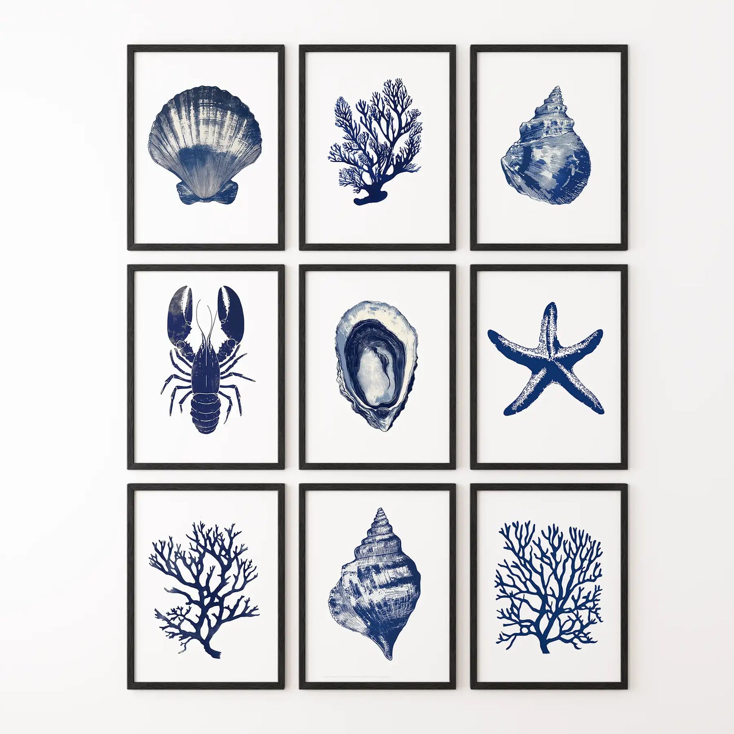 Set of 9 Coastal Prints. Lobster, Starfish, Seaweed, Shell