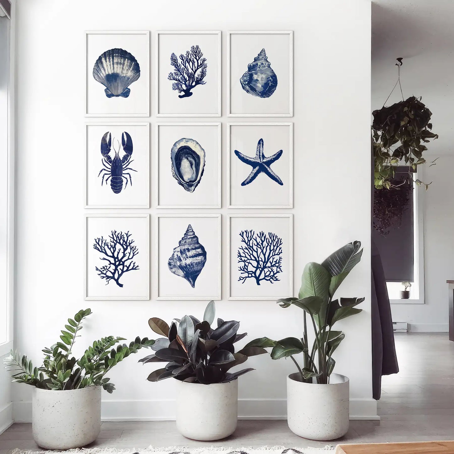 Set of 9 Coastal Prints. Lobster, Starfish, Seaweed, Shell