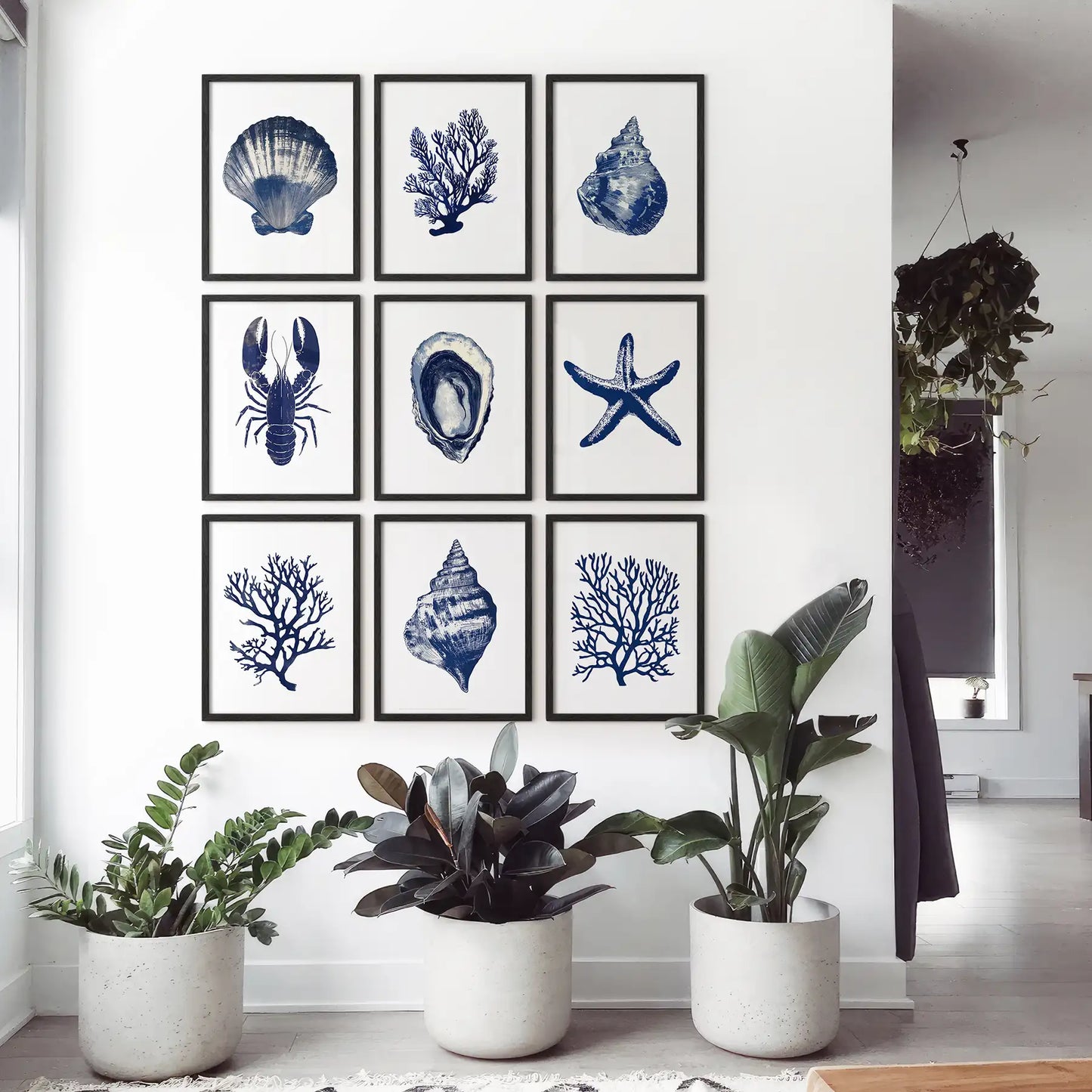 Set of 9 Coastal Prints. Lobster, Starfish, Seaweed, Shell