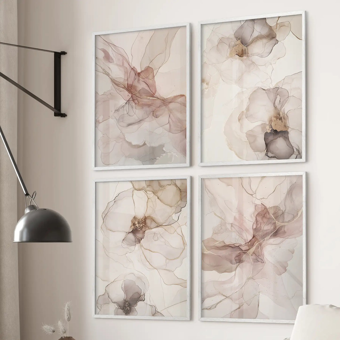 Abstract Pastel Pink Painting Print. Set of 4 Piece