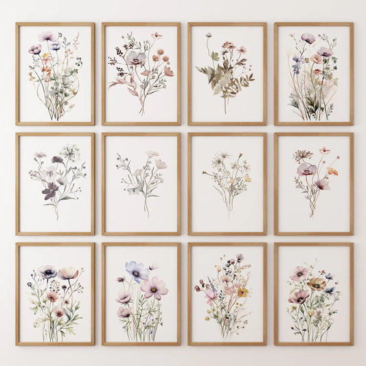 Neutral Wildflower Wall Art Set of 12. Botanical Prints