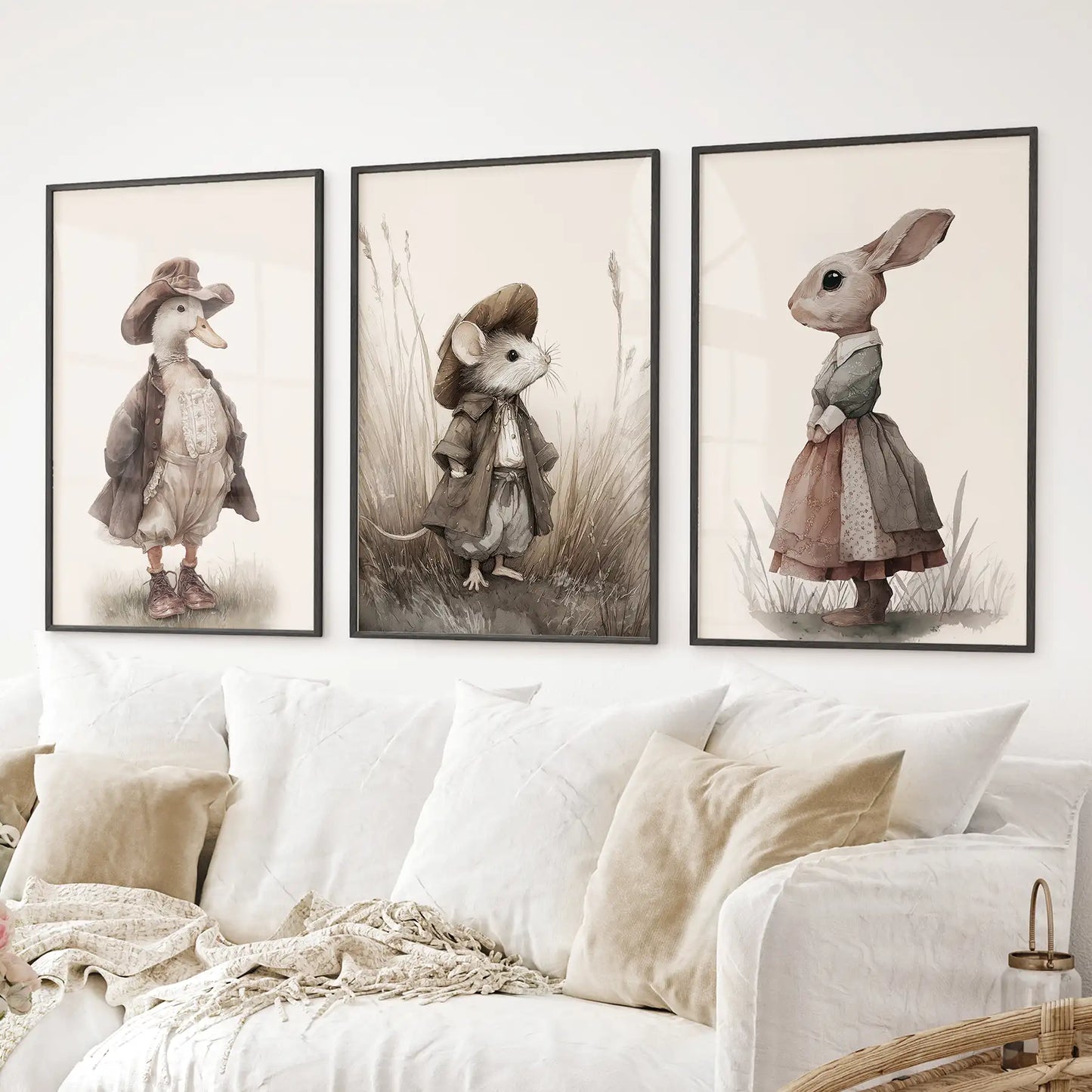Vintage Animal Nursery Wall Art Set: Duck, Mouse, Rabbit