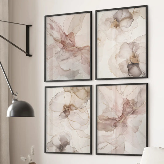 Abstract Pastel Pink Painting Print. Set of 4 Piece